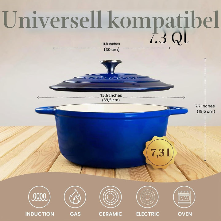 Gusseisen Dutch Oven mit Deckel – Emaille-Schmortopf mit Antihaft, Ofenfest – Dunkelblau, 6.9 Liter,