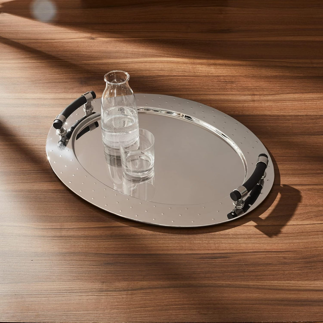 Alessi MG09 Tablett, oval aus Edelstahl mit Griffen aus PA, schwarz , 24 x 46.5 x 36 cm