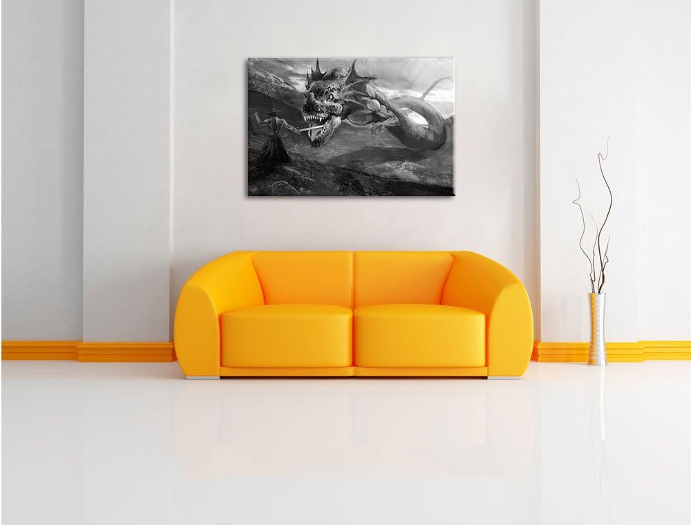 Pixxprint Drache kämpft gegen Krieger / 100x70cm Leinwandbild bespannt auf Holzrahmen/Wandbild Kunst