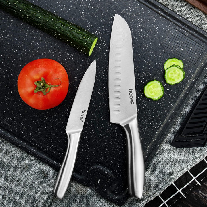 hecef Silbernes Küchenmesserset mit Hohlem Griff, Hochglanzpoliertes Edelstahlmesser, Gesandstrahlte