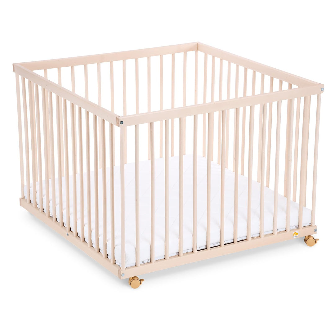 FabiMax Baby Laufgitter 100x100 Natur, stufenlos höhenverstellbar, mit Schlupfsprossen, Laufstall au