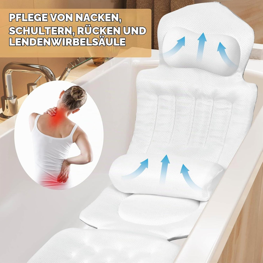 Badewannenkissen mit EXTRA Lendenkissen · 144 Saugnäpfe (12x mehr Halt!) · 4D Weiches Badekissen Set