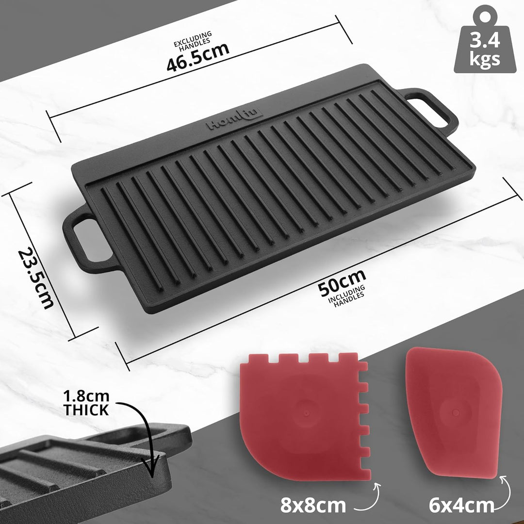 Homiu Gusseisen Grillplatte mit 2 Griffen| Grillpfanne | Grill Platte für Feuerstelle, Grillplatz, L