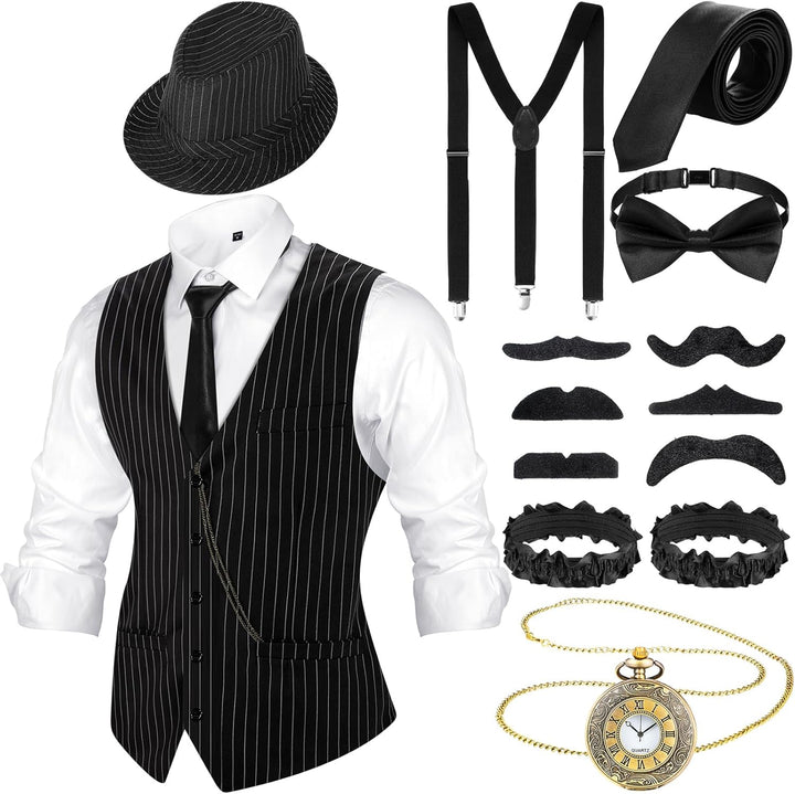 Blulu 1920er Jahre Herren Accessoires mit Weste Fedora Hut Taschenuhr Hosenträger Krawatte (Schwarz