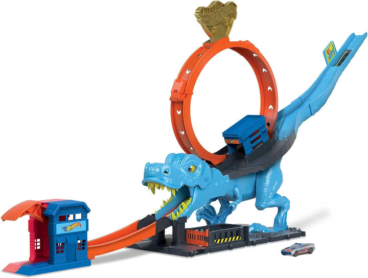 Hot Wheels 2:1 Transporter zu T-Rex mit inkl. Autorennbahn, mit Beleuchtung und Geräuschen & Autoren