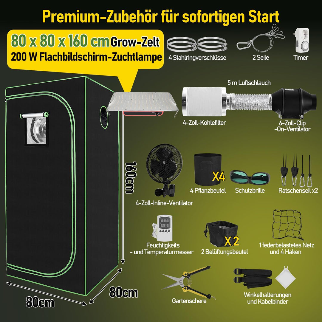 Growzelt Komplettset 80x80x160cm mit Dimmbarer LED Grow Lampe, Pflanzenzelt, Inkl. 4" Aktivkohlefilt