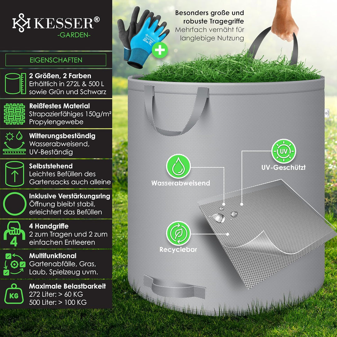 KESSER® Gartensack 3x 272L Set Laubsack Gartenabfallsack inkl. Handschuhe - Selbststehend 4 Griffe S