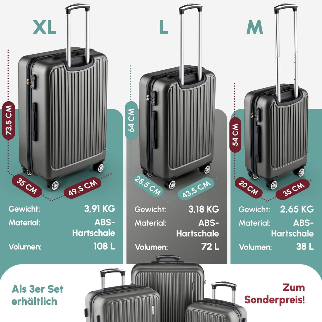 ABS Hartschalenkoffer - Ergonomisch & Sicher - Mittelgrosser Trolley Koffer mit 360° Rädern, Zahlen-