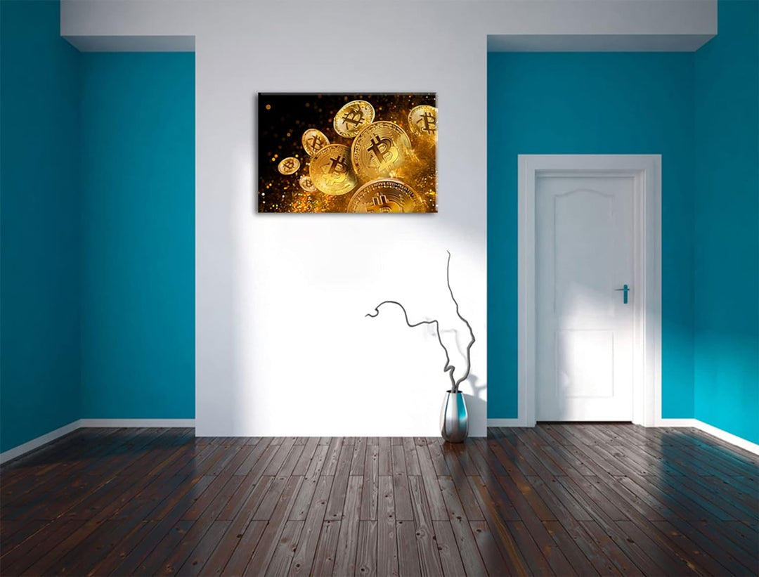Pixxprint funkelnder Bitcoin BTC als Leinwandbild | Grösse: 100x70 cm | Wandbild | Kunstdruck | fert