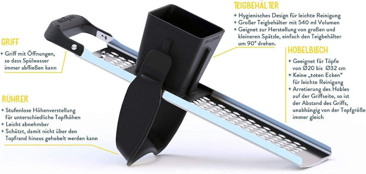 Rührspatz® Edelstahl Spätzlehobel mit Rührfunktion, super hygienisches Design, Grosse und kleine Spä