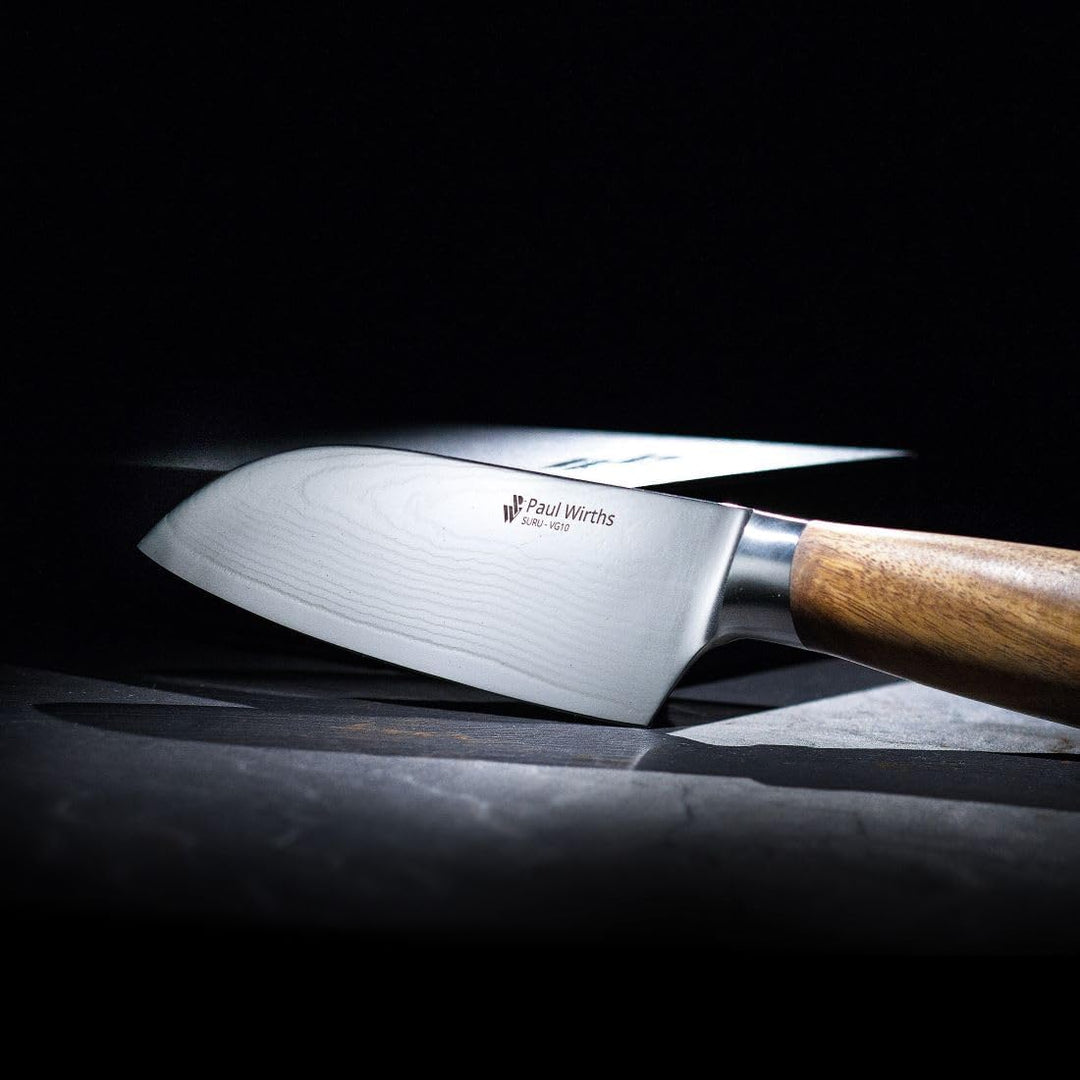 Paul Wirths SURU Tranchiermesser aus Damast- Stahl und Akazienholz Griff, mit 20 cm Klinge, extrem s