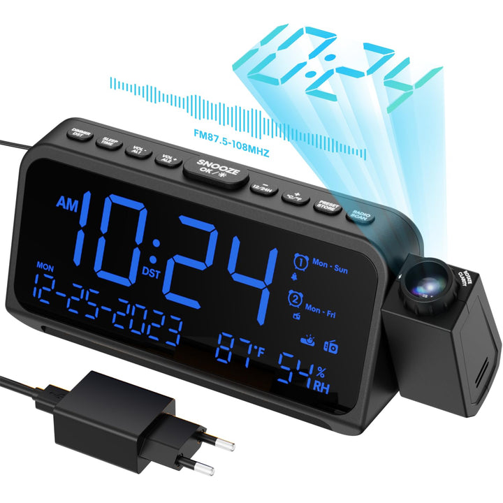 ROCAM Radiowecker mit Projektion, Projektionswecker für Schlafzimmer, Digital Uhr, Dimmer, Typ-C USB