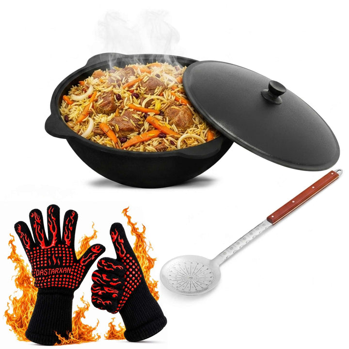 BIG-PAN Kasan Gusseisen 16L mit Aluminium Deckel flacher Boden Schaumkelle Lagan handbemalt Original