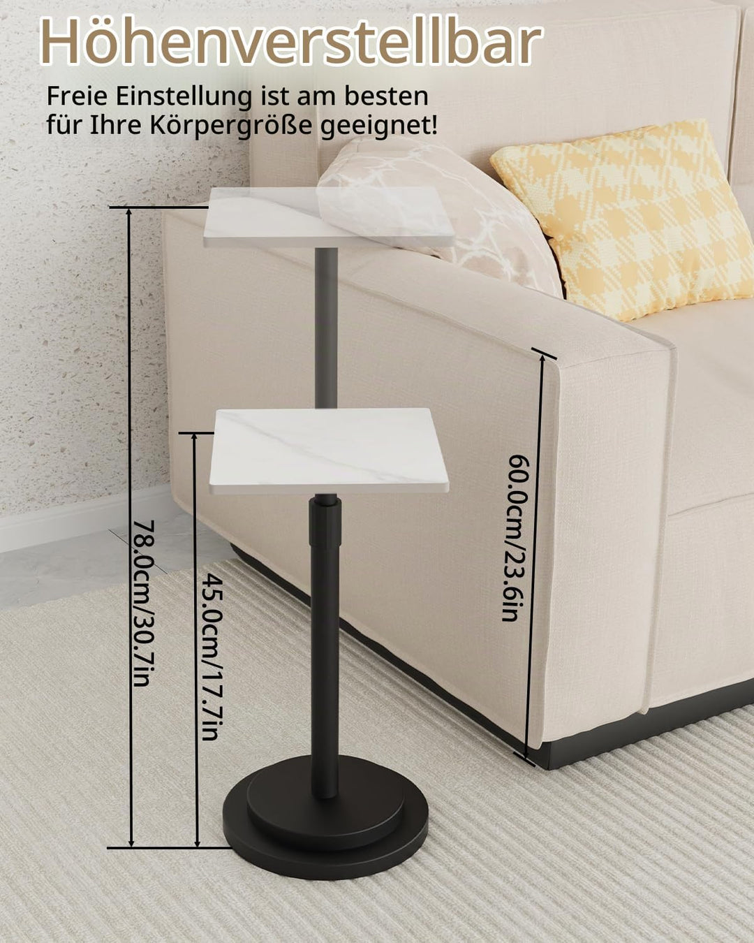 Höheneinstellbar Beistelltisch, Höhe 45-78 cm, Weiss, 1 Stück | Nachttisch für Schlafzimmer, Klein C