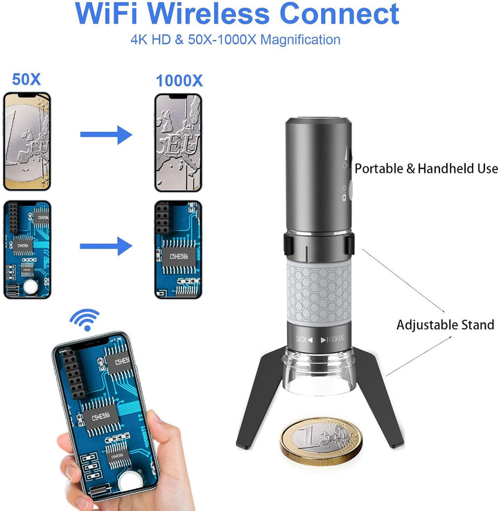 WiFi Digital Mikroskop, Kabelloses Tragbares Handmikroskop mit 4K-HD-Kamera, 50-1000X Vergrösserung,