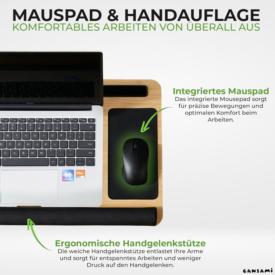 Knietablett Mit Kissen Aus Bambus, Verstellbare Laptop Unterlage Mit Handyhalter Und Mousepad, Lapto