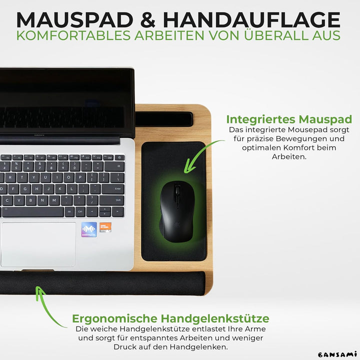 Knietablett Mit Kissen Aus Bambus, Verstellbare Laptop Unterlage Mit Handyhalter Und Mousepad, Lapto