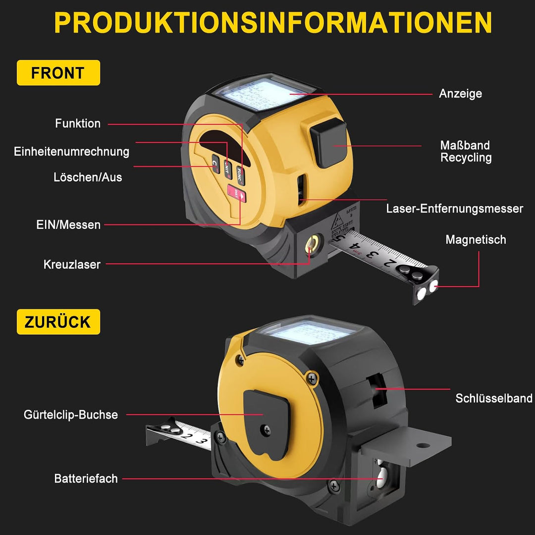 Laser Massband, 40m/60m Laser-entfernungsmesser und 5m Bandmass und Kreuzlaser, Speicher für 20 Mess
