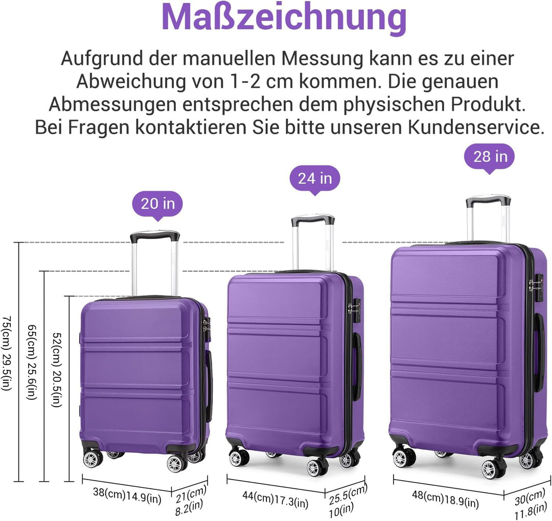 KONO Koffer Trolley Reisekoffer aus ABS+PC – Leichter Hartschalenkoffer mit 4 Zwillingsrollen und TS