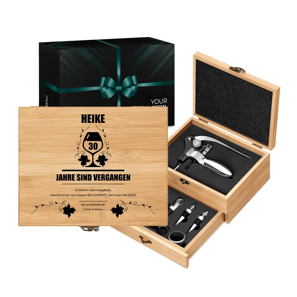 Maverton Weinöffner-Set personalisiert Weinset Sommelier Set - Geschenkbox Holzbox + 8er Weinzubehör