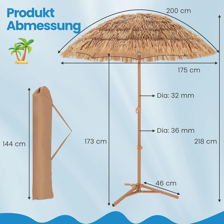 GOPLUS Sonnenschirm Hawaii, Ø 175 cm Strohschirm mit Ständer, Strandschirm Stroh um 30° knickbar, Te