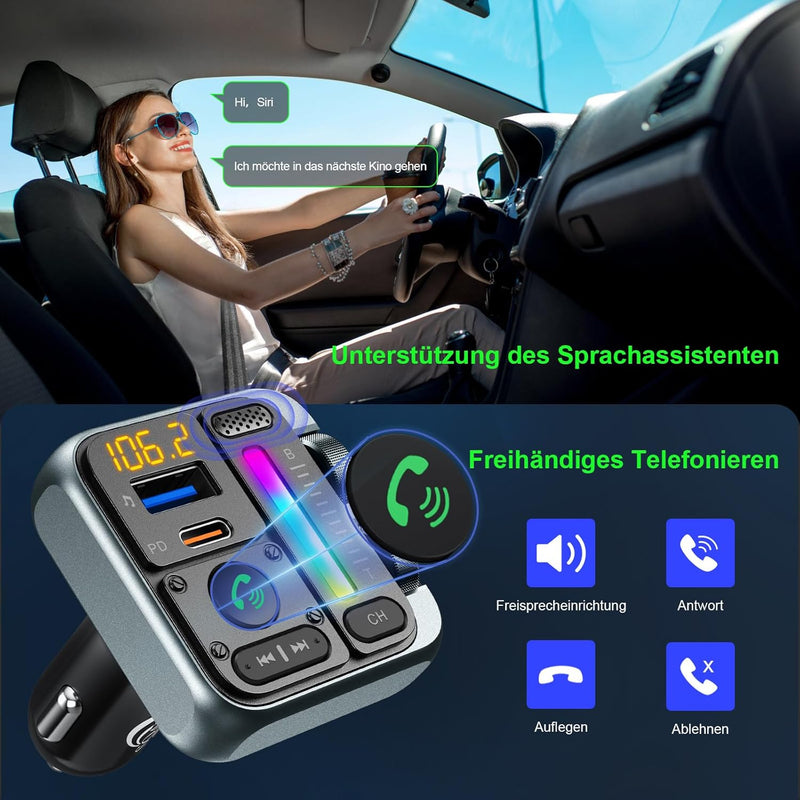 SOARUN 2024 Bluetooth 5.3 FM Transmitter, PD 45W & QC3.0 12W Schnelles Autoladegerät, Bluetooth Adap