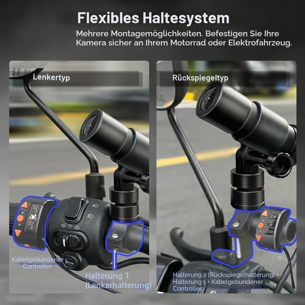 VSYSTO WiFi Motorrad Kamera, OLED Kabelcontroller, GPS, ODO Berechnung, wasserdicht HD 1080P 150 ° W