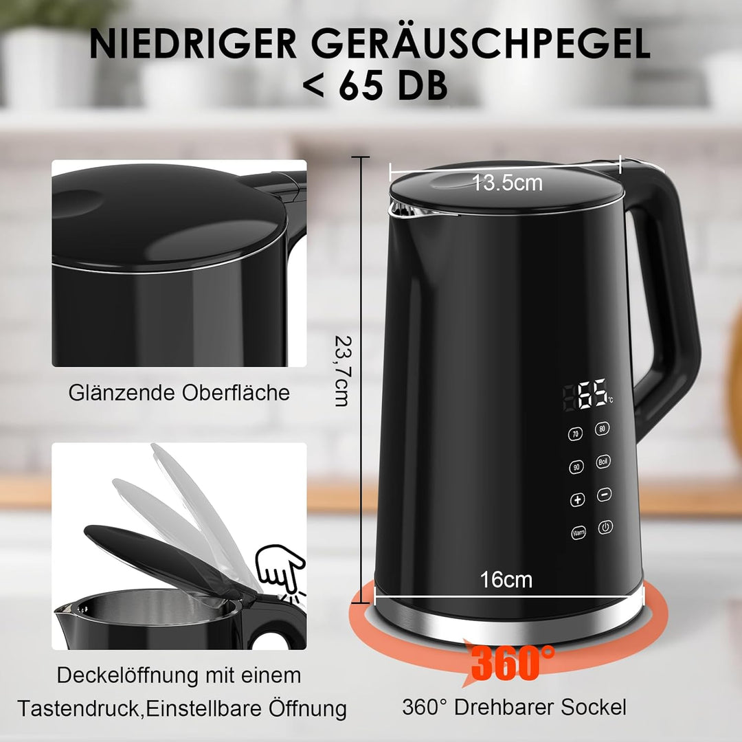 VORSCH Wasserkocher Edelstahl 1,7 L mit LCD-Temperaturanzeige, Temperaturwahl 40-100 °C, Trockengehs