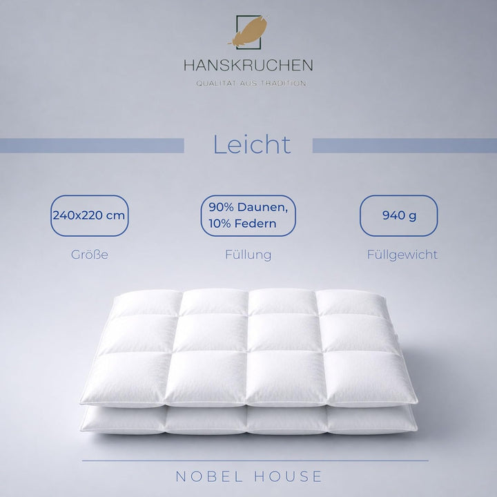 Hanskruchen Nobel House Luxus Daunendecke, Leicht, 90% Daunen / 10% Federchen, 240 x 220 cm, 240 x 2