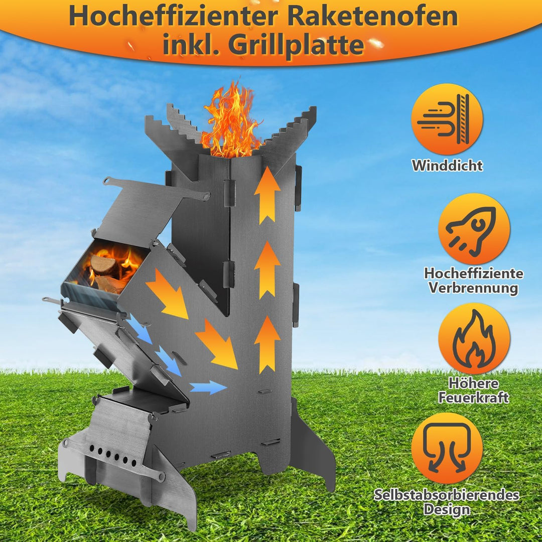 Raketenofen mit Grillplatte gross 5mm, Rocket Stove aus massivem 3 mm dickem Stahl, mit Feuerhaken,