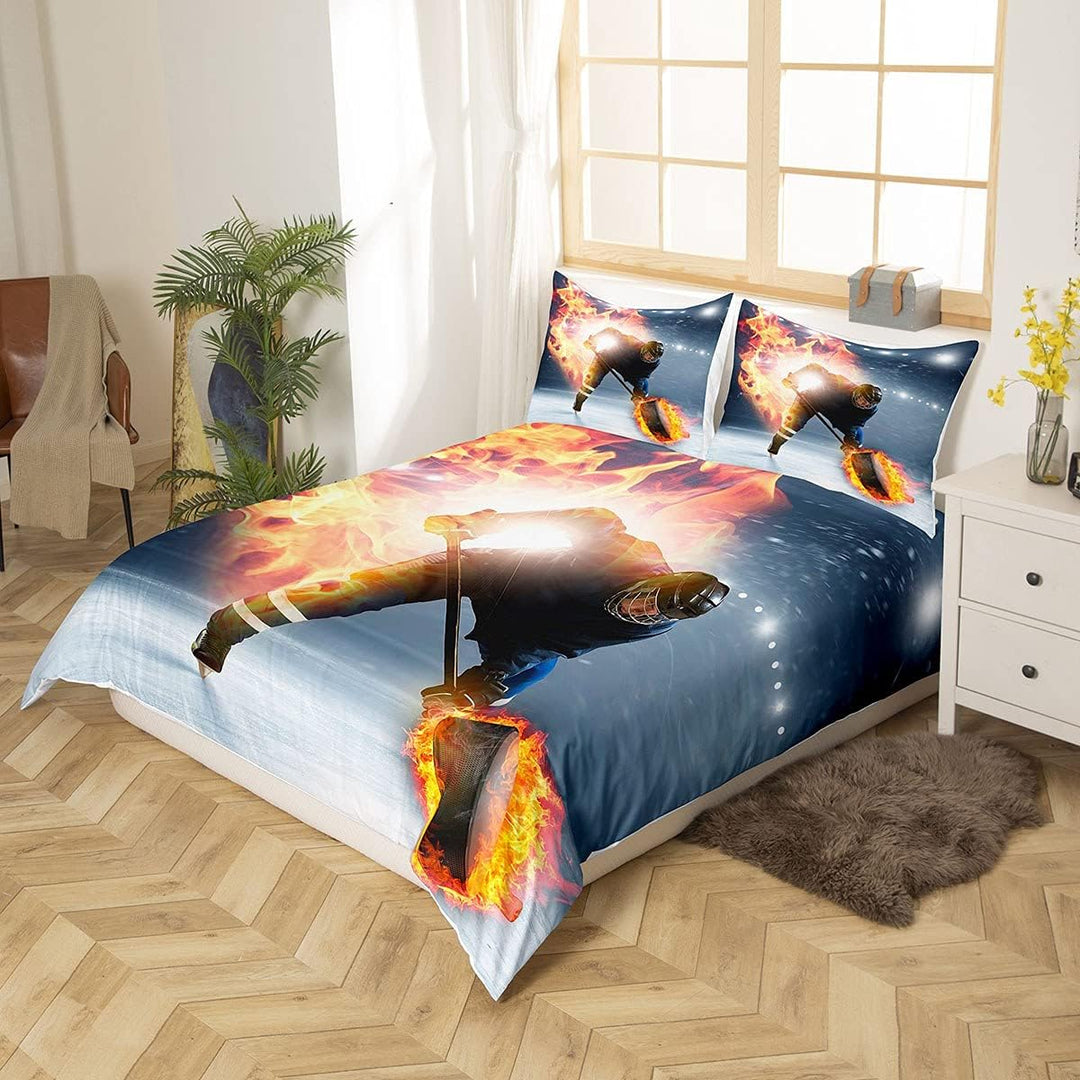 Jungen Eishockey Bettwäsche Set, Teens Puck Sport Fans Bettbezug 155X220, Sportspiele Thema Trösterb