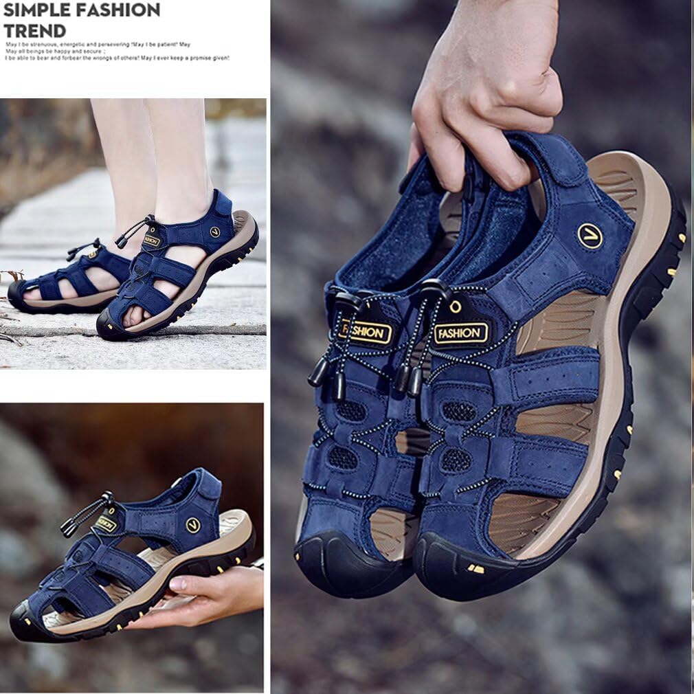 ZYLDK Sandalen Herren Leder Strand Wandersandale Trekkingsandalen Outdoorschuhe Sommer Freizeitschuh