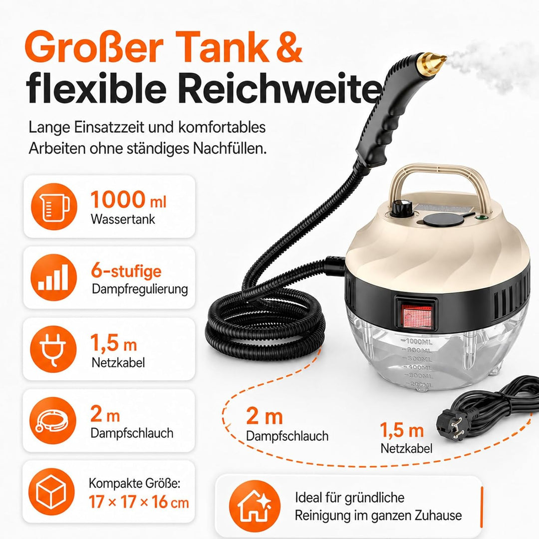 Dampfreiniger Handgerät, 15 Sekunden Aufheizzeit, 1L Wassertank, 1500W & 6 Geschwindigkeitsstufen, S