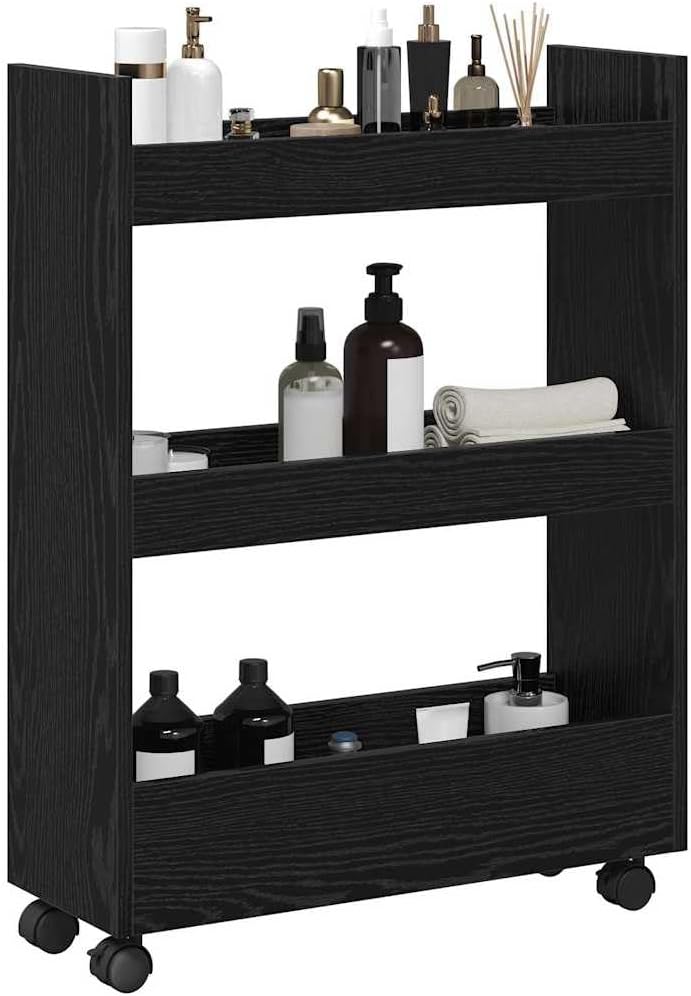 Küchenwagen, schmal, mit Rollen, schmal, Eiche, Schwarz, 60 x 22 x 80 cm