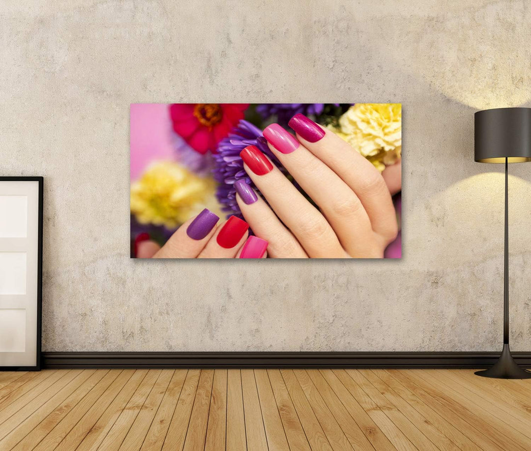 islandburner Bild auf Leinwand Nageldesign Blumen Farbiger Lack Frau Hand Bilder Wandbilder Poster L