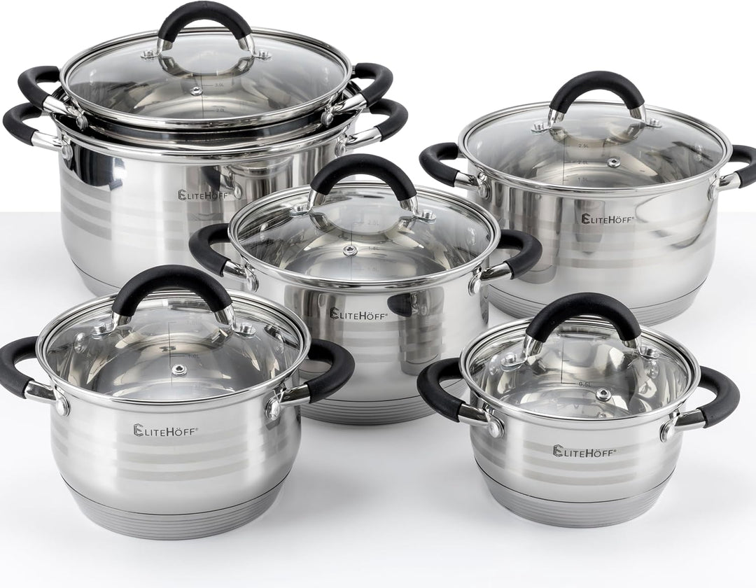 EliteHoff Topfset Induktion 12-teilig, Kochtopf Set mit Glasdeckeln und Silikongriffen, 7-lagiger Ed