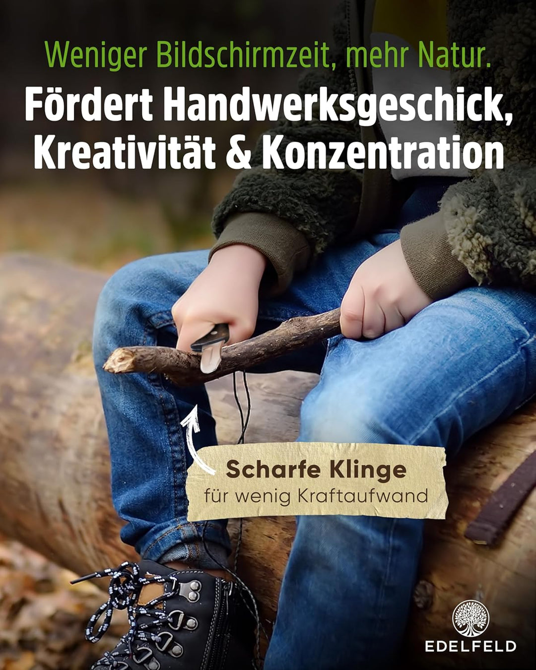 EDELFELD - Das Original - Schnitzmesser Kinder ab 6 Jahre - Sicheres Taschenmesser Kinder mit Finger
