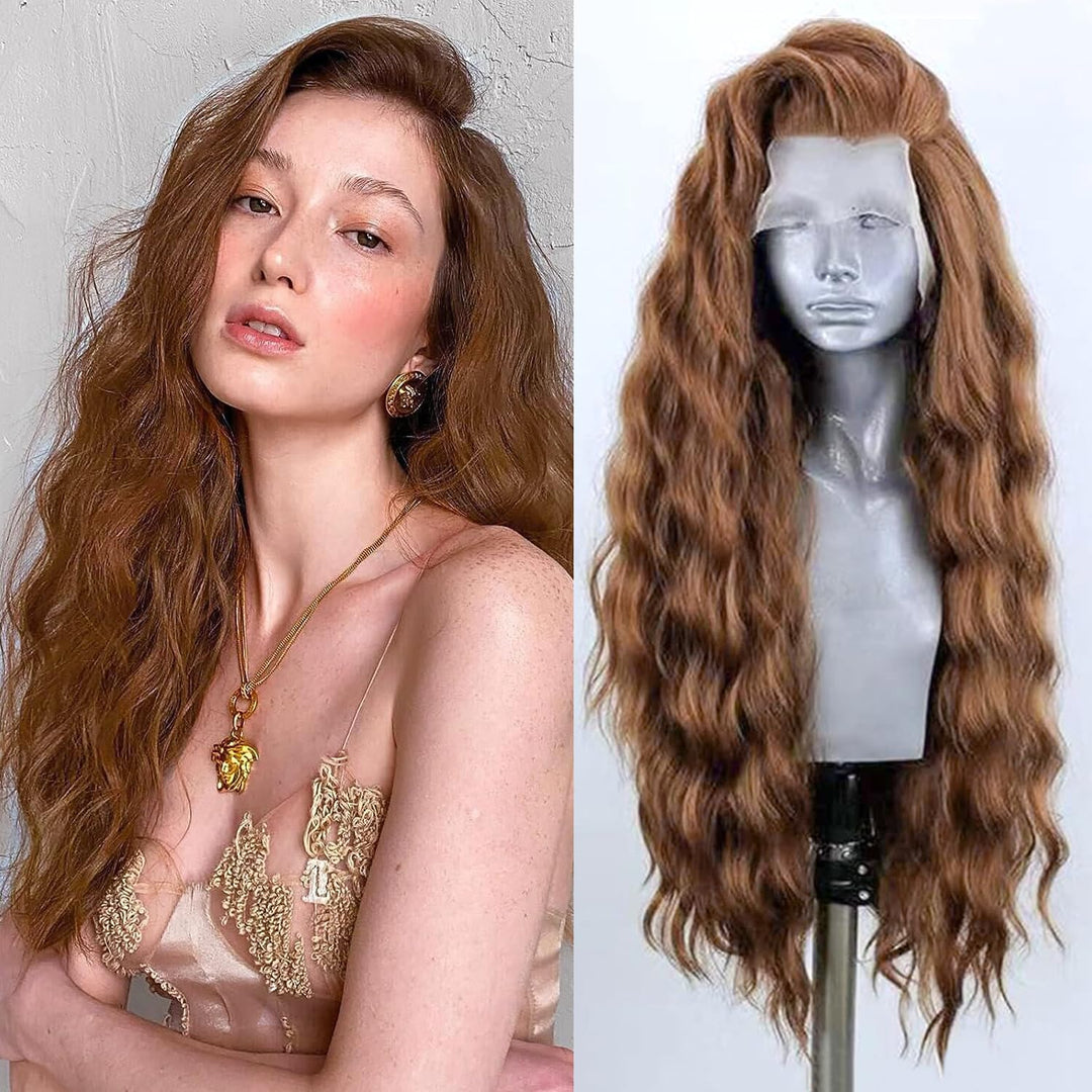 PORSMEER Auburn Braun Lace Front Perücke Lang Lockige Gewellte Perücke für Damen 13x4 Lace Front Glu