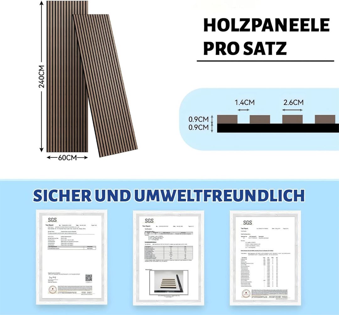 AKK-STAR Akustikpaneele Holz - 11,52 m² (8 Stück 240x60cm) | Schalldämmung, Akustikverbesserung für