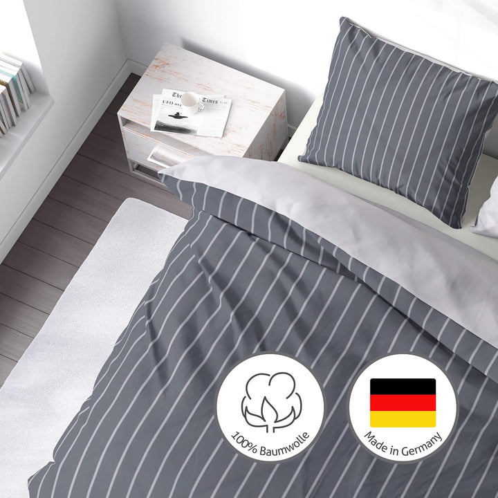 LINKHOFF Biber Bettwäsche 155x220 2tlg. - Wendebettwäsche-Set Grau Anthrazit Unifarben - Nadel-Strei