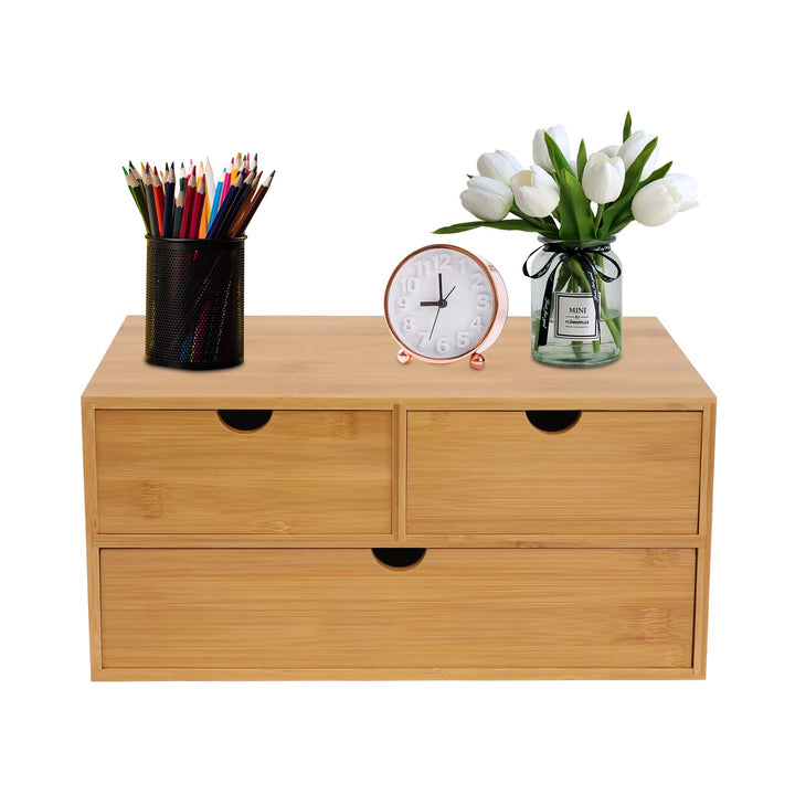 Bambus Schreibtisch-Organizer mit 3 Schubladen | 33x19x16cm Naturfarben | Schubladenbox für Büro &amp; K