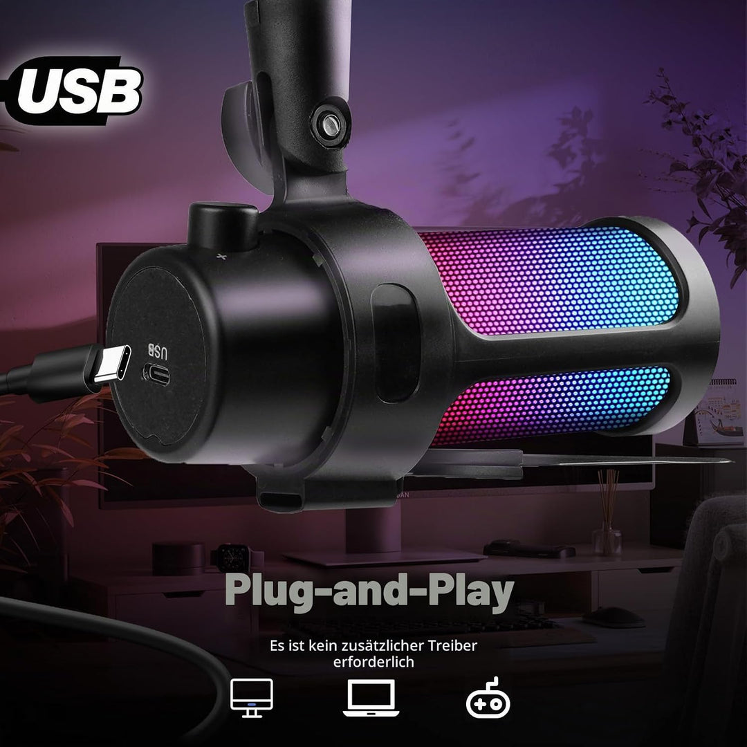 VCOM Gaming Mikrofon mit Arm, USB Microphone Kit mit RGB Modi, Mute, Pop-Filter, PC Mikrofon für Pod
