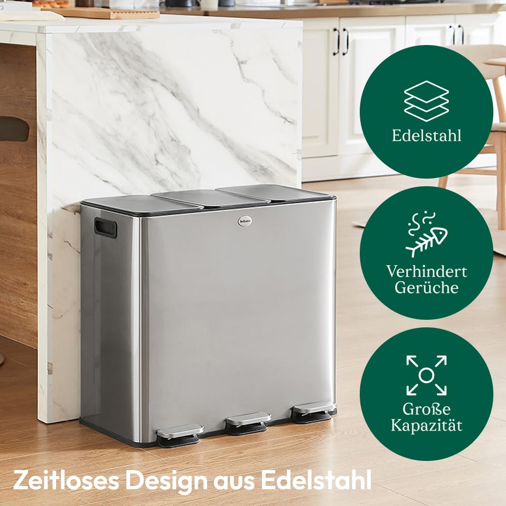 CASABEL Mülleimer Küche 60 L - Mülltrennsystem 3 x 20 L aus Rostfreiem Edelstahl, Rechteckiger Recyc