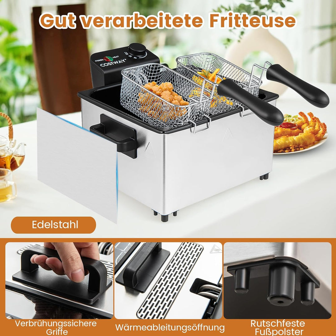 COSTWAY 2000W Elektrische Öl-Fritteuse, 5L Fritteuse Edelstahl mit 3 Frittierkörben, einstellbare Te