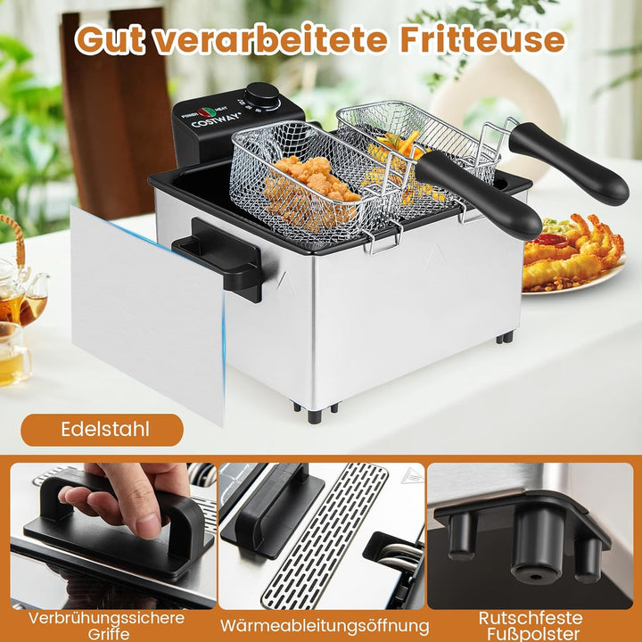 COSTWAY 2000W Elektrische Öl-Fritteuse, 5L Fritteuse Edelstahl mit 3 Frittierkörben, einstellbare Te