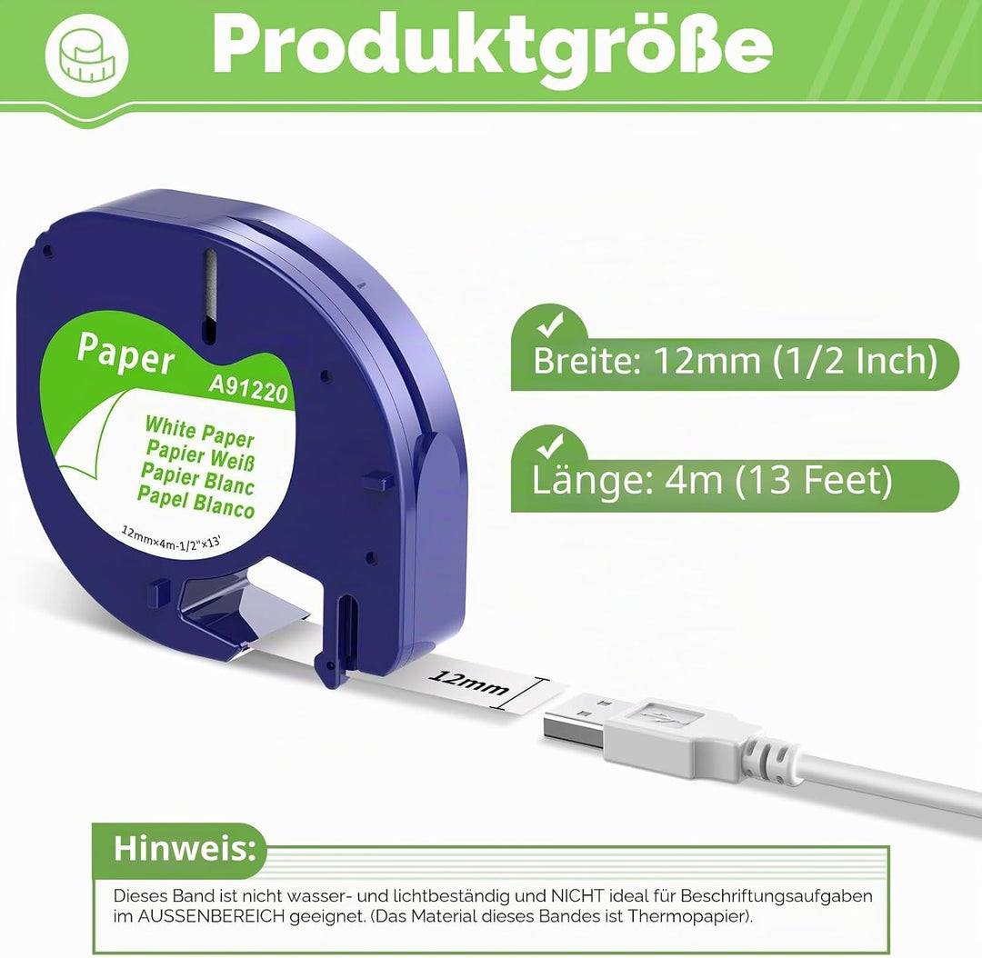 Aken Etikettenband Kompatibel mit Dymo Letratag Papier Etikettenband 91220 Schwarz auf Weiss Paper W
