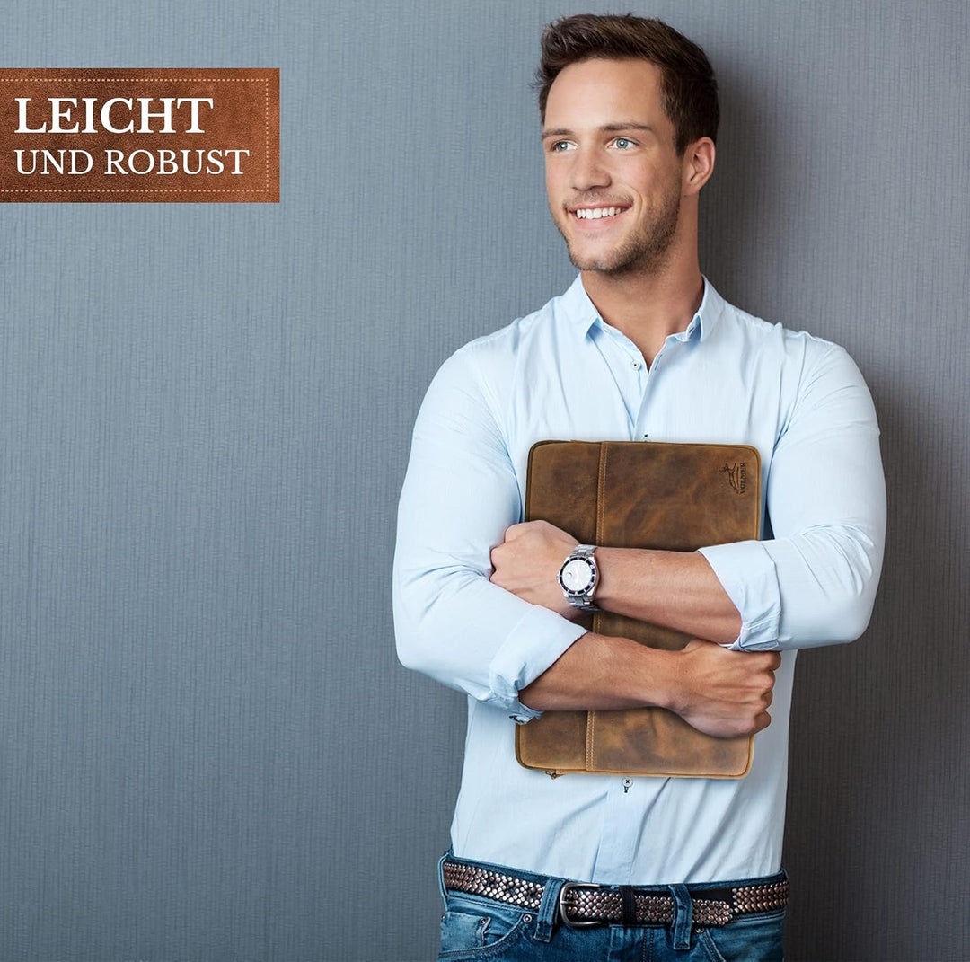 Fa.Volmer ® 15,6 Zoll Laptop Hülle aus edlem Büffelleder - braun - mit Metall-Reissverschluss - gepo