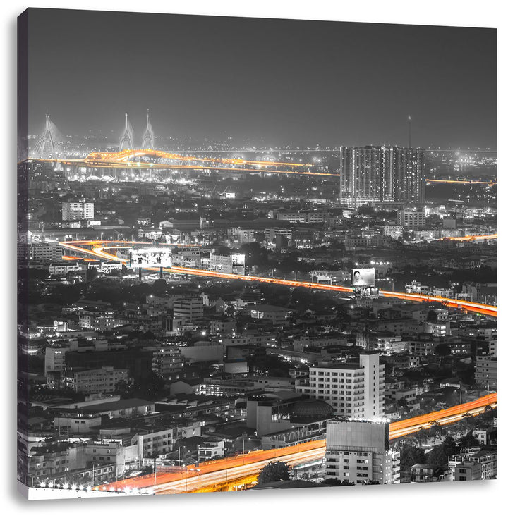 Pixxprint Lichtermeer Grossstadt bei Nacht schwarz/weiss, Format: 70x70 auf Leinwand, 70x70
