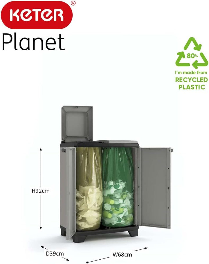 Keter Planet Mülltrennung, recycelter Kunststoff, Grau/Schwarz, Mülltrennung, 680 x 390 x 920 mm