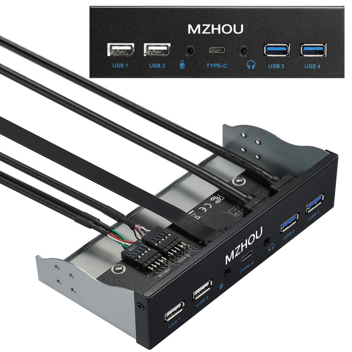 MZHOU USB2.0+3.0 Metall Frontpanel,5,25-Zoll 19Pin Front Panel Adapte,4 USB 3.0 Ports Hub & (1HD Aud